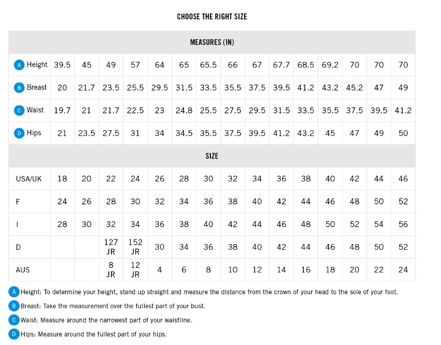 Arena Women's Competitive Suit Size Chart